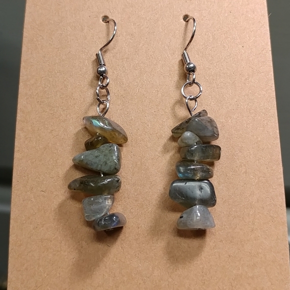 Labradorite Earrings Natural Gemstone Crystal Chip Beaded Surgical Stainless - Picture 7 of 13